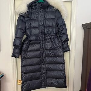 Women's Navy 100% Duck Down Coat with Faux Fur-Trim Removable Hood